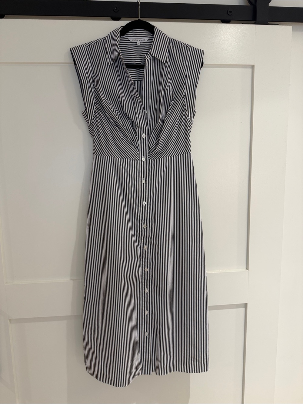 Veronica Beard Black & White Striped Sleeveless Shirt Dress